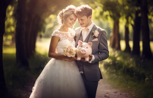 A newlywed couple holds a piggy bank instead of a bridal bouquet, and rejoices in the tax benefits of their new marriage